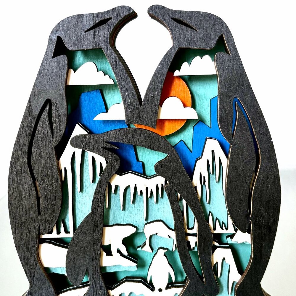 Penguin Family Arctic Winter Glaciers Scene Wooden 3D Sculpture Figure Diorama